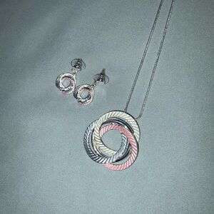 Elegant Silver, Pink/Blue/Green Intertwined Necklace and Earring Set